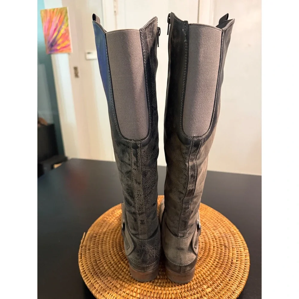 Levity Bonita Gray Distressed Tall Knee High Moto Boots Womens 10M Buckle Detail